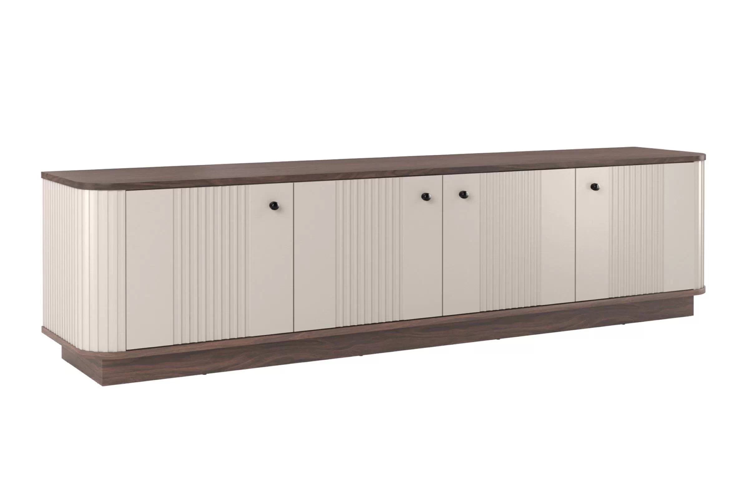 TV skrinka Vespera 4D 187 cm na sokli - kašmírová / orech / čierna TV skrinka Vesper 4D 187 cm - kašmír / Orech / čierny úchyty