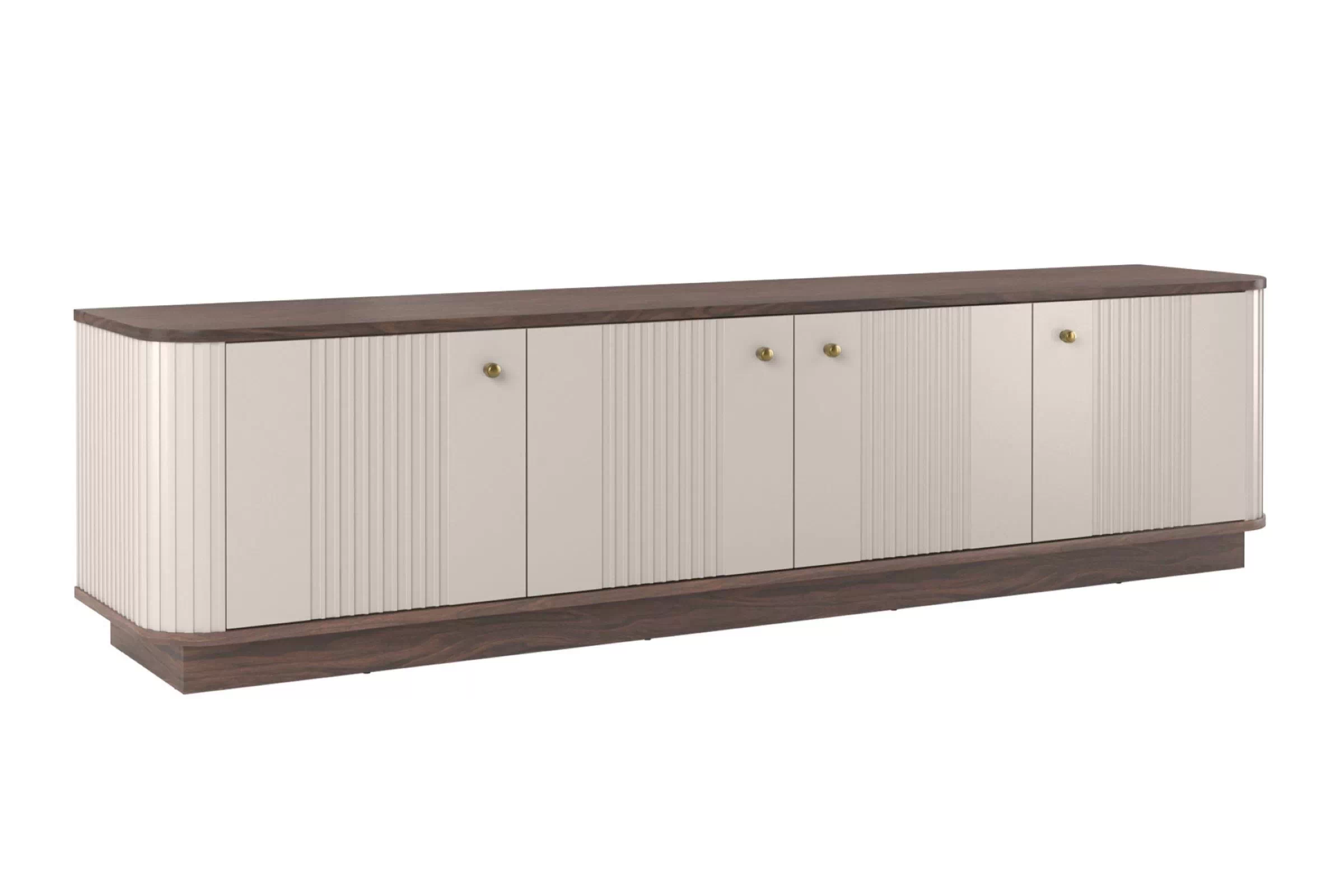 TV skrinka Vespera 4D 187 cm na sokli - kašmírová / orech / zlatá TV skrinka Vesper 4D 187 cm - kašmír / Orech / zlote úchyty