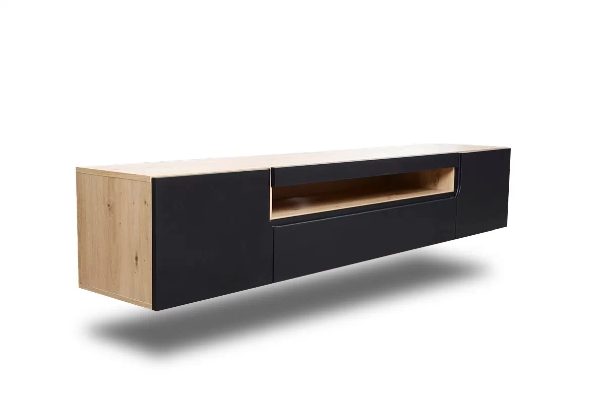 Závesná RTV skrinka Loftia 200 cm dvojdverová s výklenkom - artisan / čierny mat Loftia