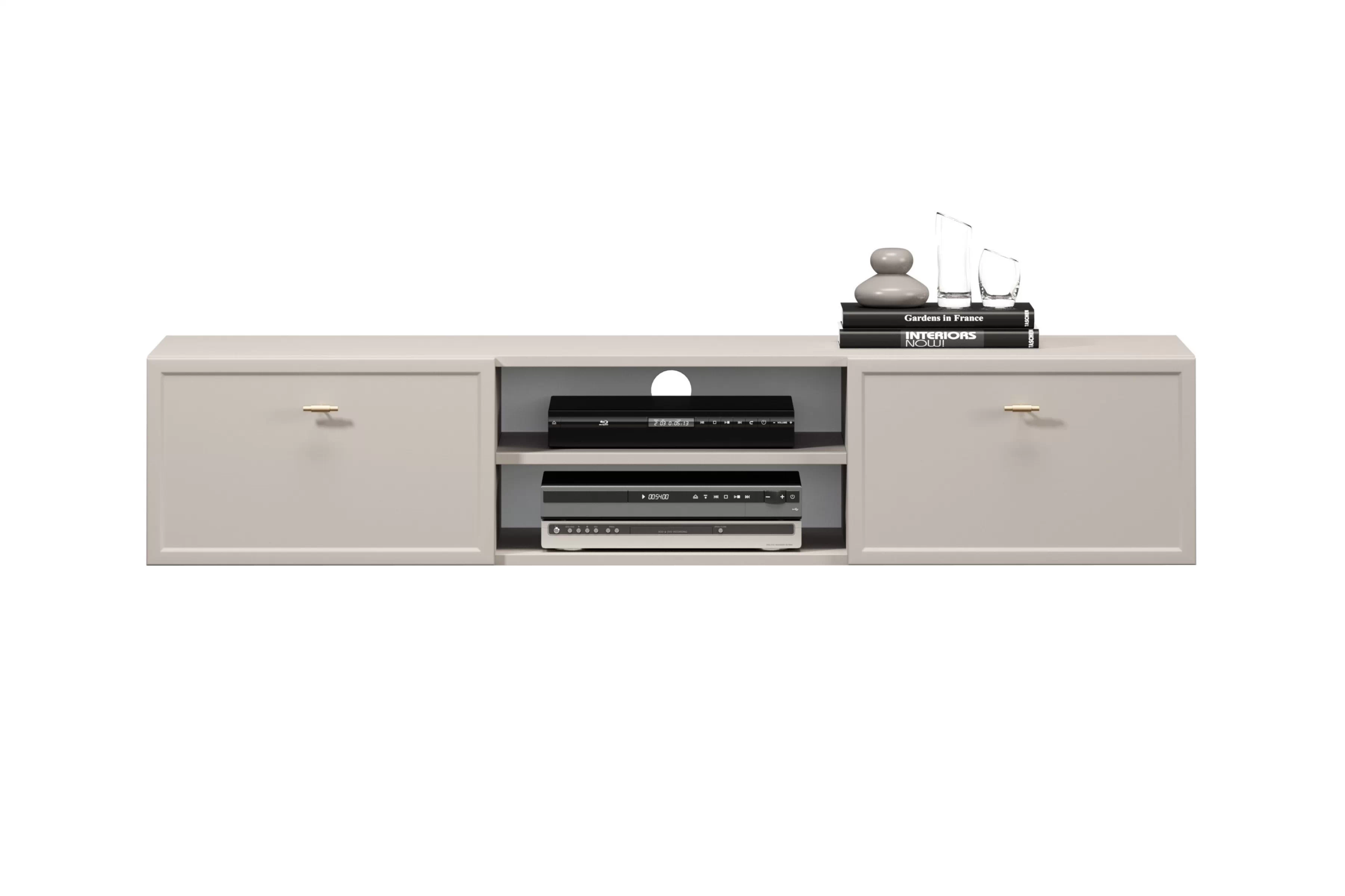 Závesný TV stolík Lorini 150 cm – kašmírová / zlaté úchytky T TV skrinka závesná Lorini 150 cm so zásuvkami - kašmír / zlote úchyty T-bar