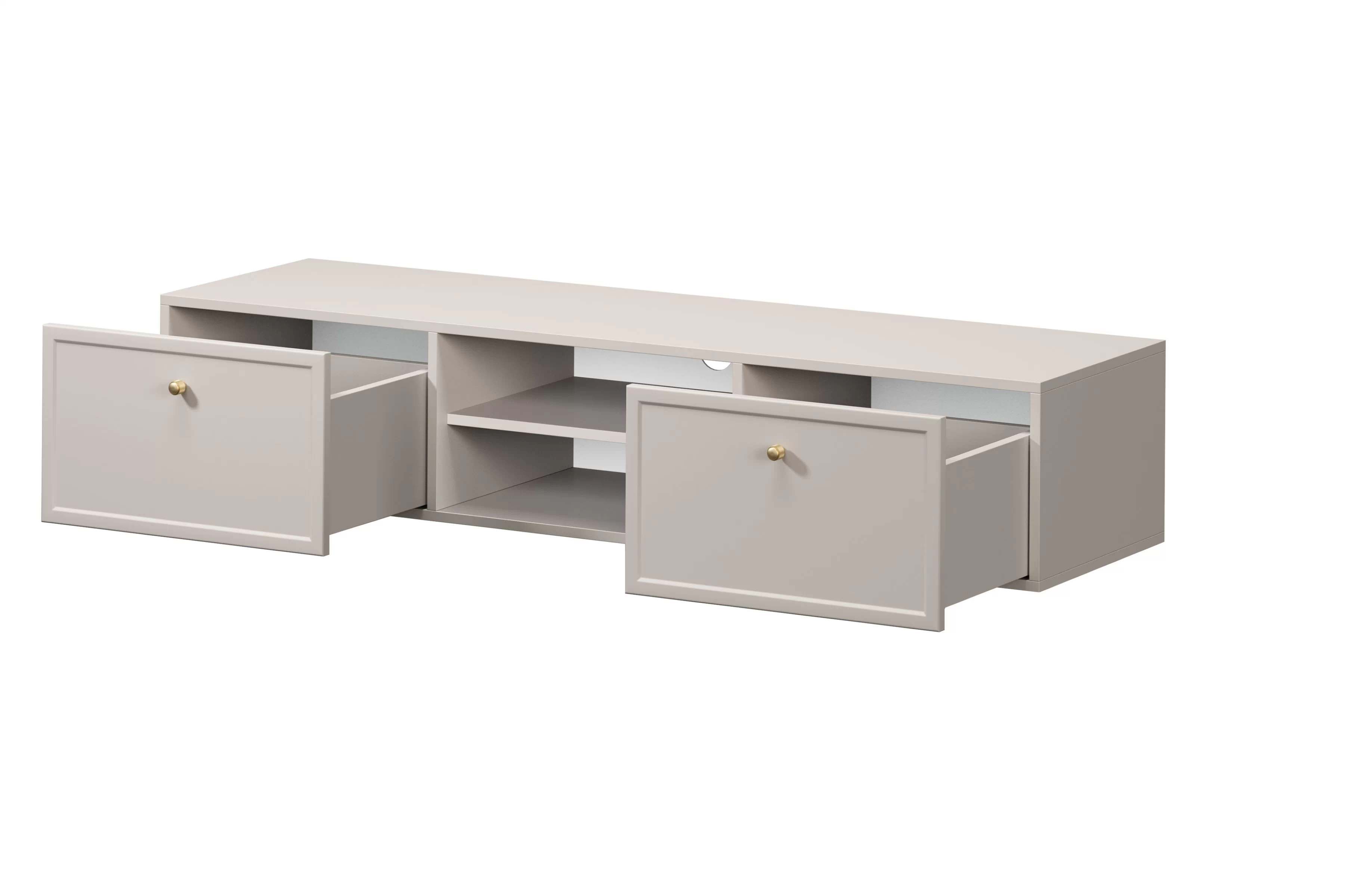 Závesný TV stolík Lorini 150 cm – kašmírová / zlaté úchytky G TV skrinka závesná Lorini 150 cm so zásuvkami - kašmír / zlote úchyty