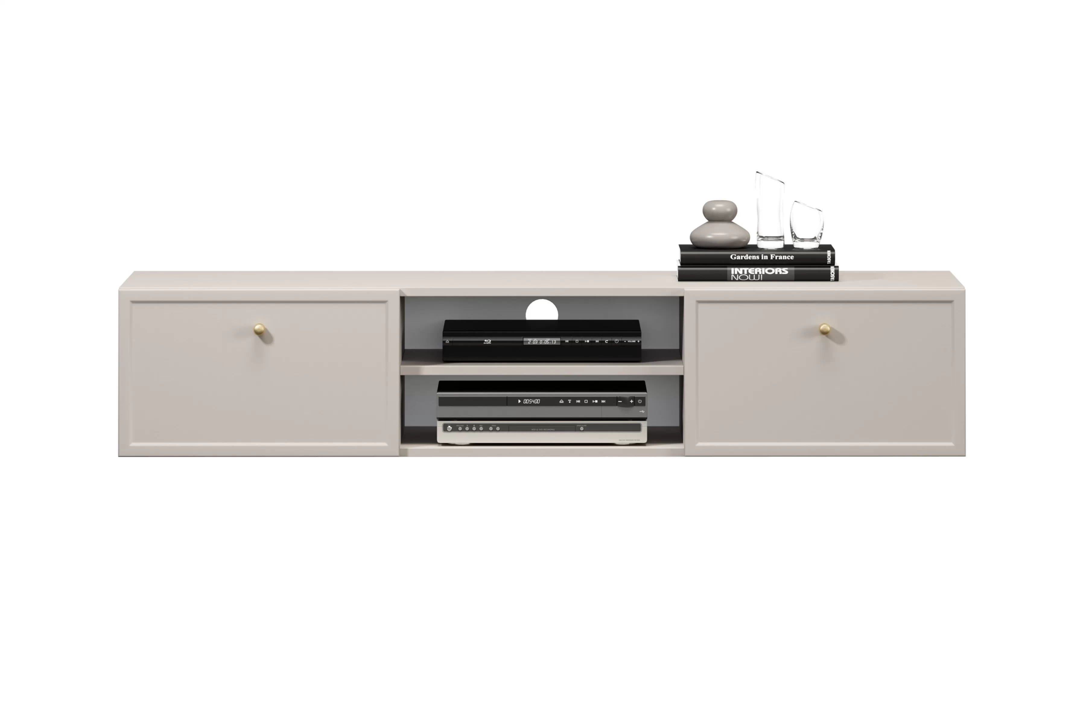 Závesný TV stolík Lorini 150 cm – kašmírová / zlaté úchytky G TV skrinka závesná Lorini 150 cm so zásuvkami - kašmír / zlote úchyty