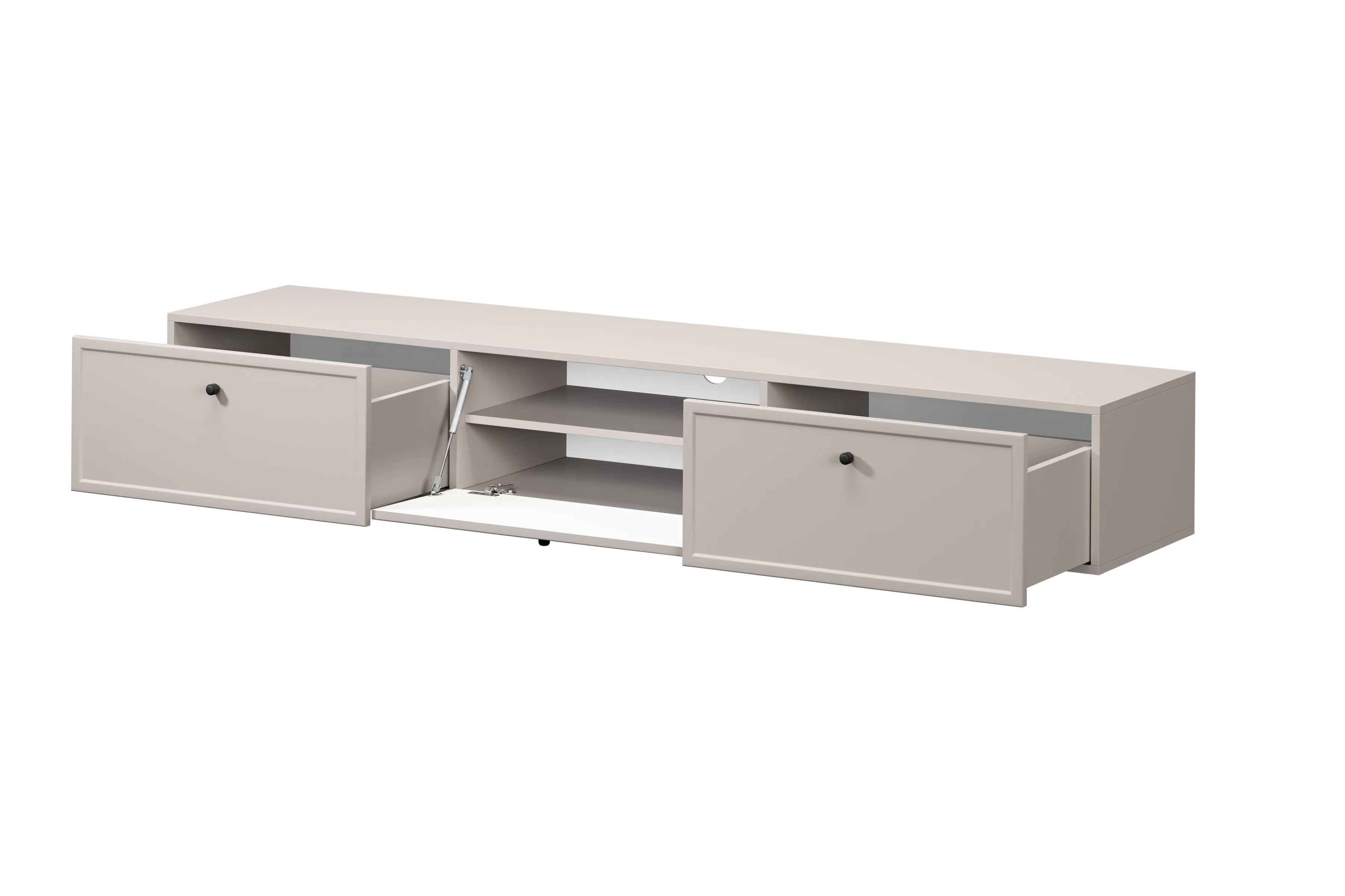 Závesný TV stolík Lorini 200 cm – kašmírová / čierne úchytky G TV skrinka závesná Lorini 200 cm so zásuvkami - kašmír / čierny úchyty