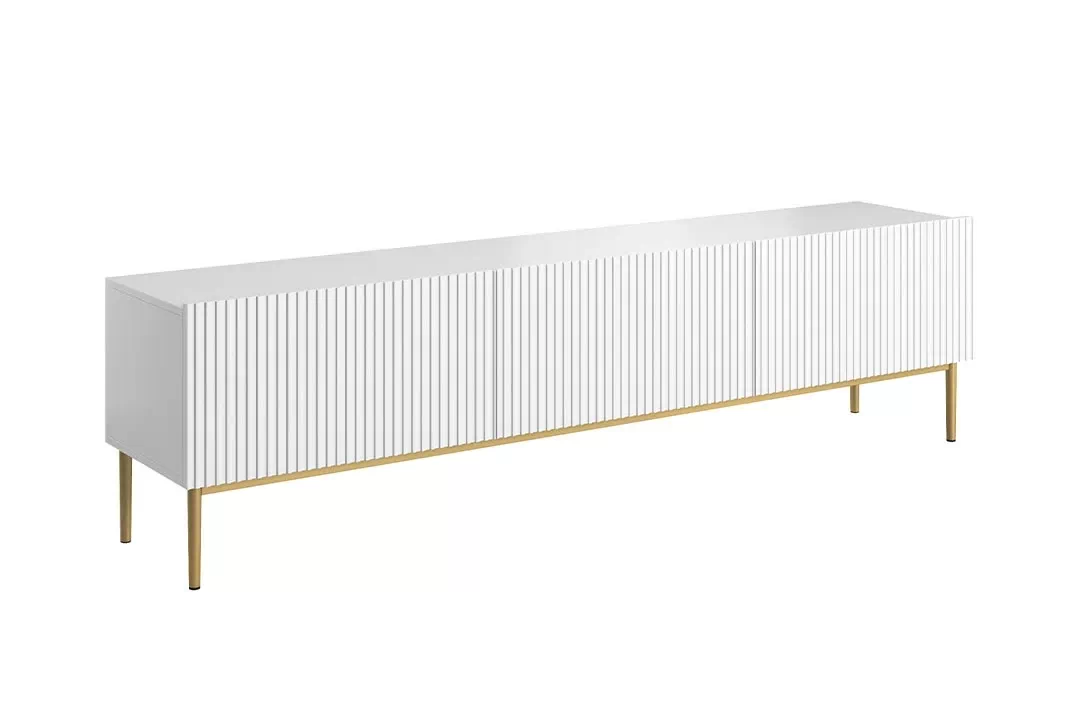 Biela RTV skrinka Nicole 200 cm na kovových nohách so zásuvkou - matná biela / zlaté nohy TV skrinka z szuflada Nicole 200 cm - biely mat / zlote nozki
