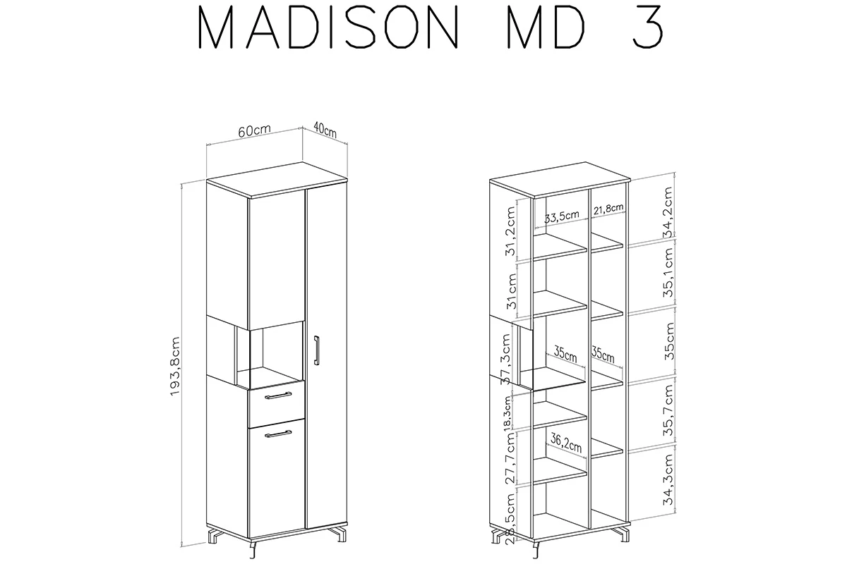 Vitrína Madison MD3 - 60 cm - černá / dub piškotový Vitrína třídveřová Madison MD3 - Černý / dub piškotový - Rozměry