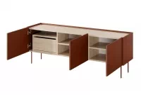 TV stolek Desin se skrytou zásuvkou a kovovými nohami 170 cm – červený / ceramic red / dub nagano – Výprodej z expozice Skříňka RTV Desin z ukryta szuflada i metalowymi nogami 170 cm - Červený / ceramic red / dub nagano - Výprodej z expozice