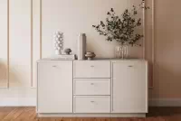 Komoda Lorini 150 cm so zásuvkami - kašmír / zlaté úchytky T-bar Komoda Lorini 150 cm so zásuvkami - kašmír / zlote úchyty T-bar