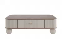 Kávový stolík Vesper 103x60 cm so zásuvkou - kasmír / orech / zlaté úchyty / guľové nohy Stolík kawowy Vesper 103x60 cm z szuflada - kašmír / Orech / zlote úchyty / nožičky kule