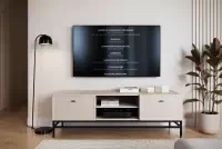 TV stolek Lorini 150 cm se zásuvkami – kašmír / černé úchyty T-bar / černá konstrukce skříňka RTV Lorini 150 cm se zásuvkami - kašmír / černá Úchytky T-bar / Rošt