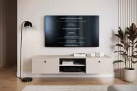 Závesný TV stolík Lorini 150 cm so zásuvkami – kašmírová / čierne úchytky TV skrinka závesná Lorini 150 cm so zásuvkami - kašmír / čierny úchyty