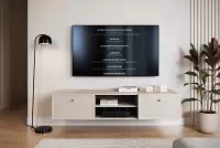 Závesný TV stolík Lorini 150 cm so zásuvkami – kašmírová / zlaté úchytky TV skrinka závesná Lorini 150 cm so zásuvkami - kašmír / zlote úchyty