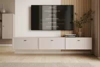 Závesný TV stolík Lorini 200 cm so zásuvkami – kašmírová / čierne úchytky T-bar TV skrinka závesná Lorini 200 cm so zásuvkami - kašmír / čierny úchyty T-bar